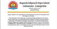 El Resguardo Cañamomo Lomaprieta exige la suspensión inmediata y definitiva de cualquier actividad relacionada con la reglamentación de la consulta previa, libre e informada