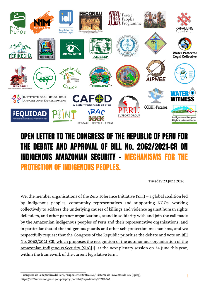 Open letter to the Congress of the Republic of Peru for the debate and approval of its Law on the Recognition of the Autonomous Organisation for Indigenous Amazonian Security