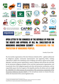 Open letter to the Congress of the Republic of Peru for the debate and approval of its Law on the Recognition of the Autonomous Organisation for Indigenous Amazonian Security