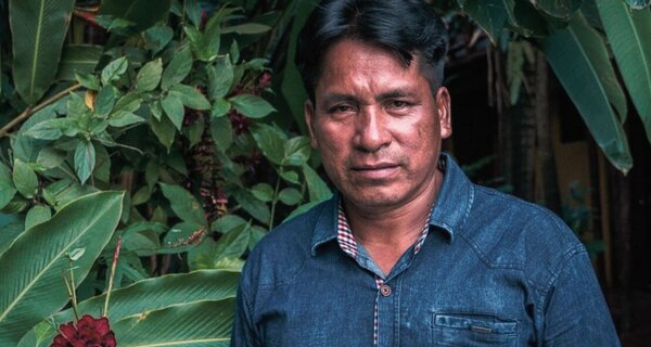 a man with green leaves surrounding him.