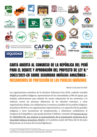 Carta abierta al Congreso de la República del Perú para el debate y aprobación del Proyecto de Ley N.° 2062/2021-CR sobre Seguridad Indígena Amazónica – mecanismos de protección de los pueblos indígenas