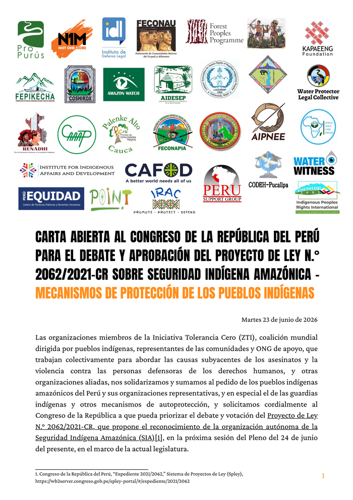 Carta abierta al Congreso de la República del Perú para el debate y aprobación del Proyecto de Ley N.° 2062/2021-CR sobre Seguridad Indígena Amazónica – mecanismos de protección de los pueblos indígenas