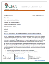 Open Letter to the Attorney General of Kenya Calling for him to Halt the Evictions of the Ogiek Community from the Mau Forest Complex