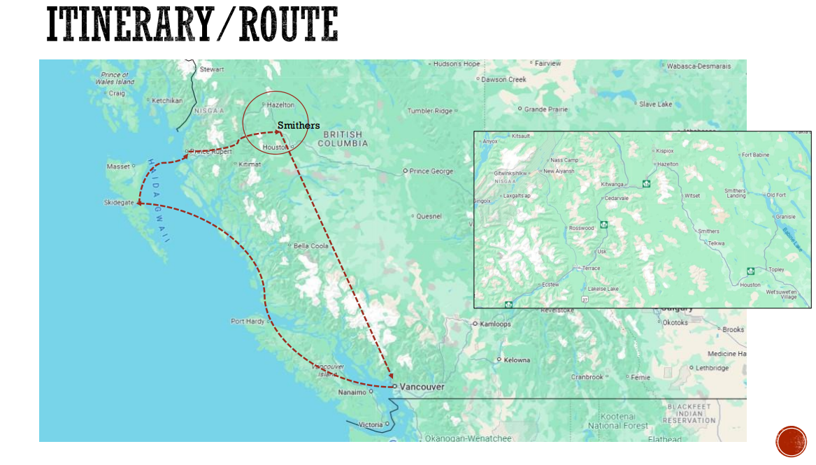Map of Turtle Island (Canada), depicting the tour route taken by two Colombian women territorial defenders in 2025.